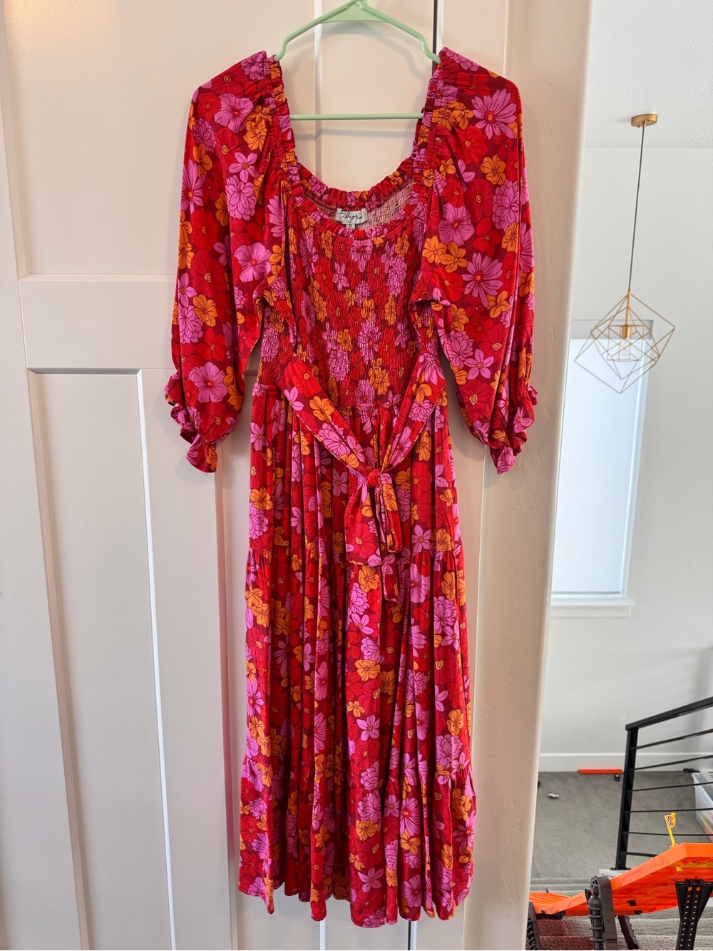 Vibrant Red Floral Midi Dress with Pink & Orange Blooms